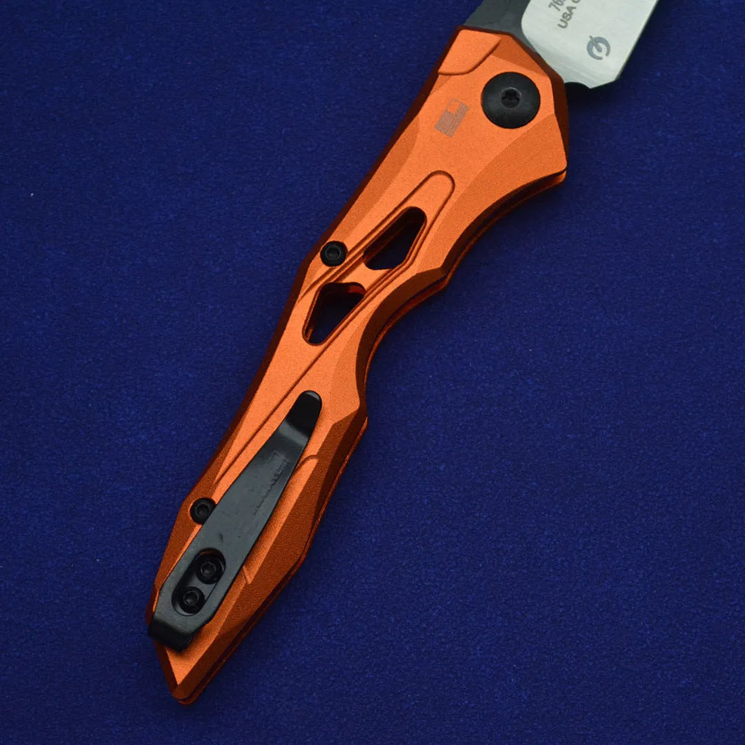 Black folding fruit knife with D2 steel blade and aviation aluminium handle shown open