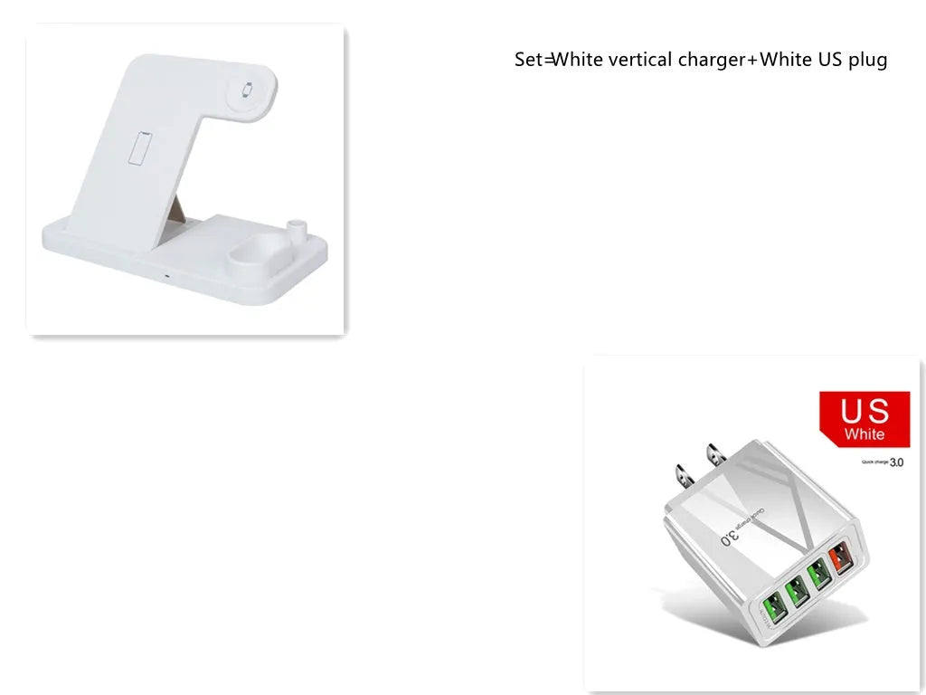 Black 4-in-1 wireless charging station with phone on adjustable stand, Apple Watch, and AirPods charging.