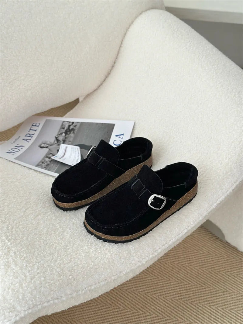Unisex lazy mule slippers in antelope brown with cow suede upper and cork sole, side view