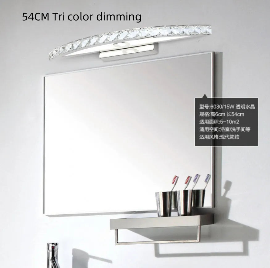 LED bathroom wall lamp with crystal mirror headlight, stainless steel hardware, available in 44cm 54cm or 70cm arc length