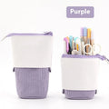 Purple corduroy drop-down telescopic stationery case open showing pens inside
