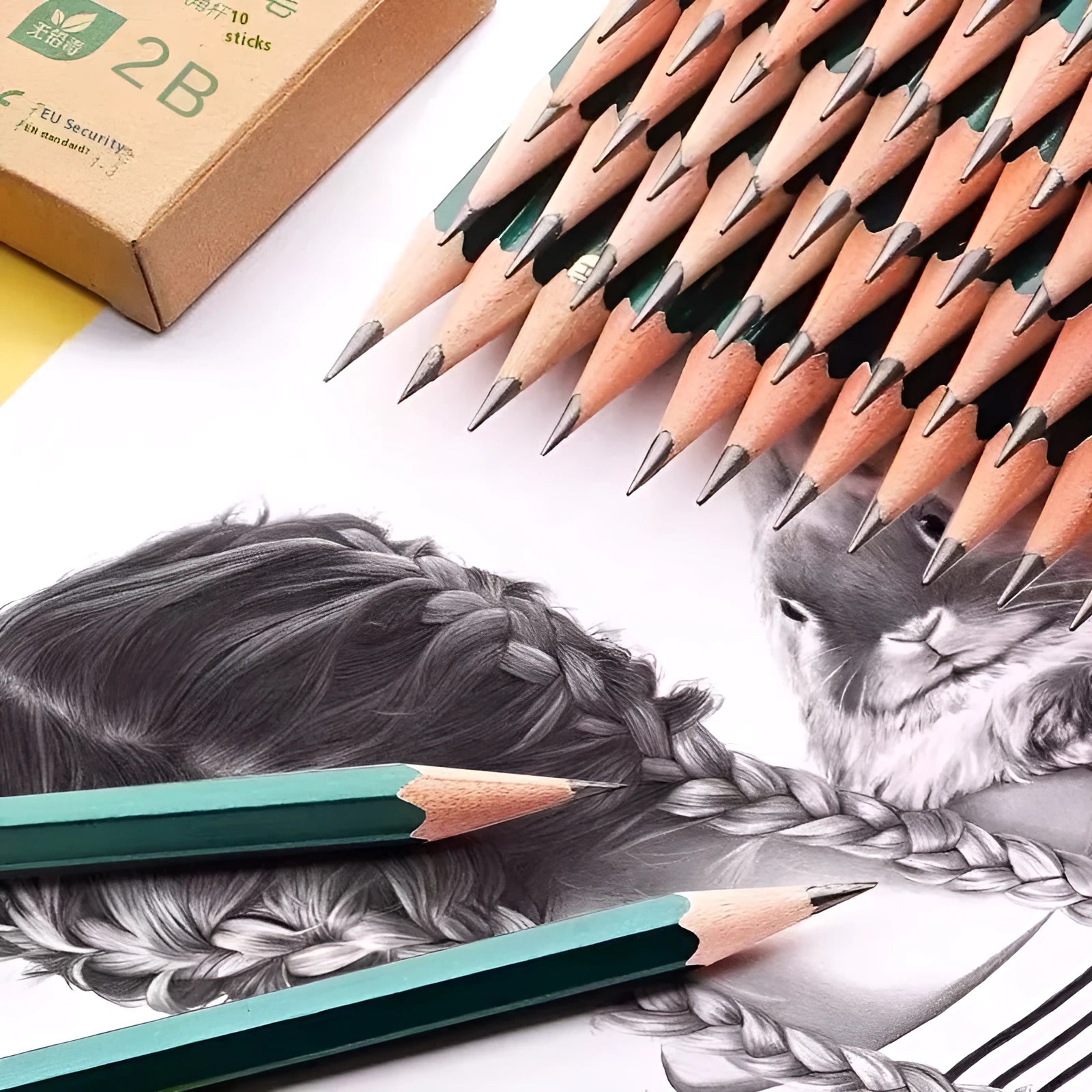 Green Rod wooden pencil set with HB and 2B grades, six-angle barrel design