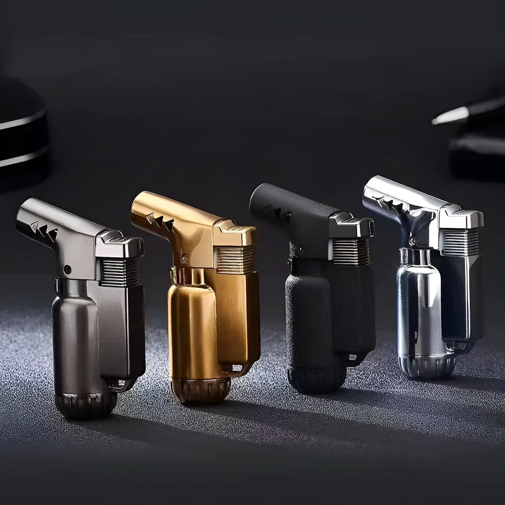 HB805-1 full metal windproof lighter in black, gold, grey, and silver colour options.