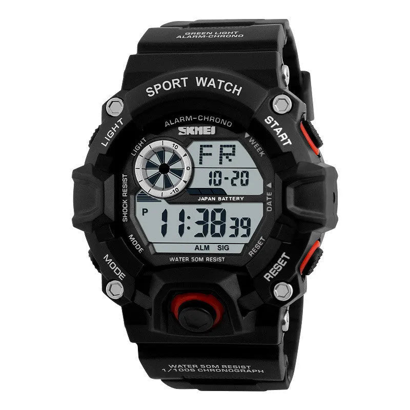 Multifunctional men's waterproof electronic sports watch with round dial on plastic strap.
