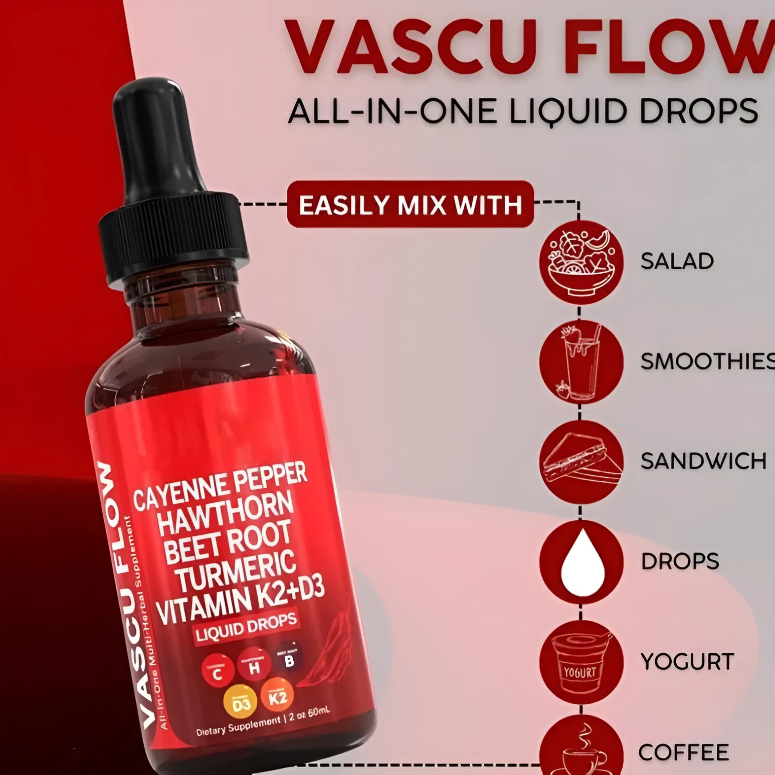 60ml bottle of vitamin D3 K2 hawthorn fruit liquid supplement drops with dropper