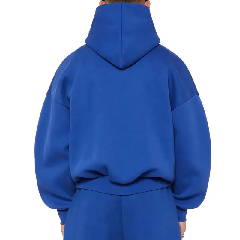 Men's grey fleece-lined cotton hoodie sweater with wool lining, showing pullover design with hood