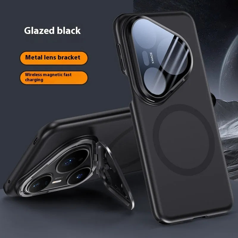 Huawei P80 Pro magnetic lens bracket phone case in frosted black finish showing back-mounted bracket