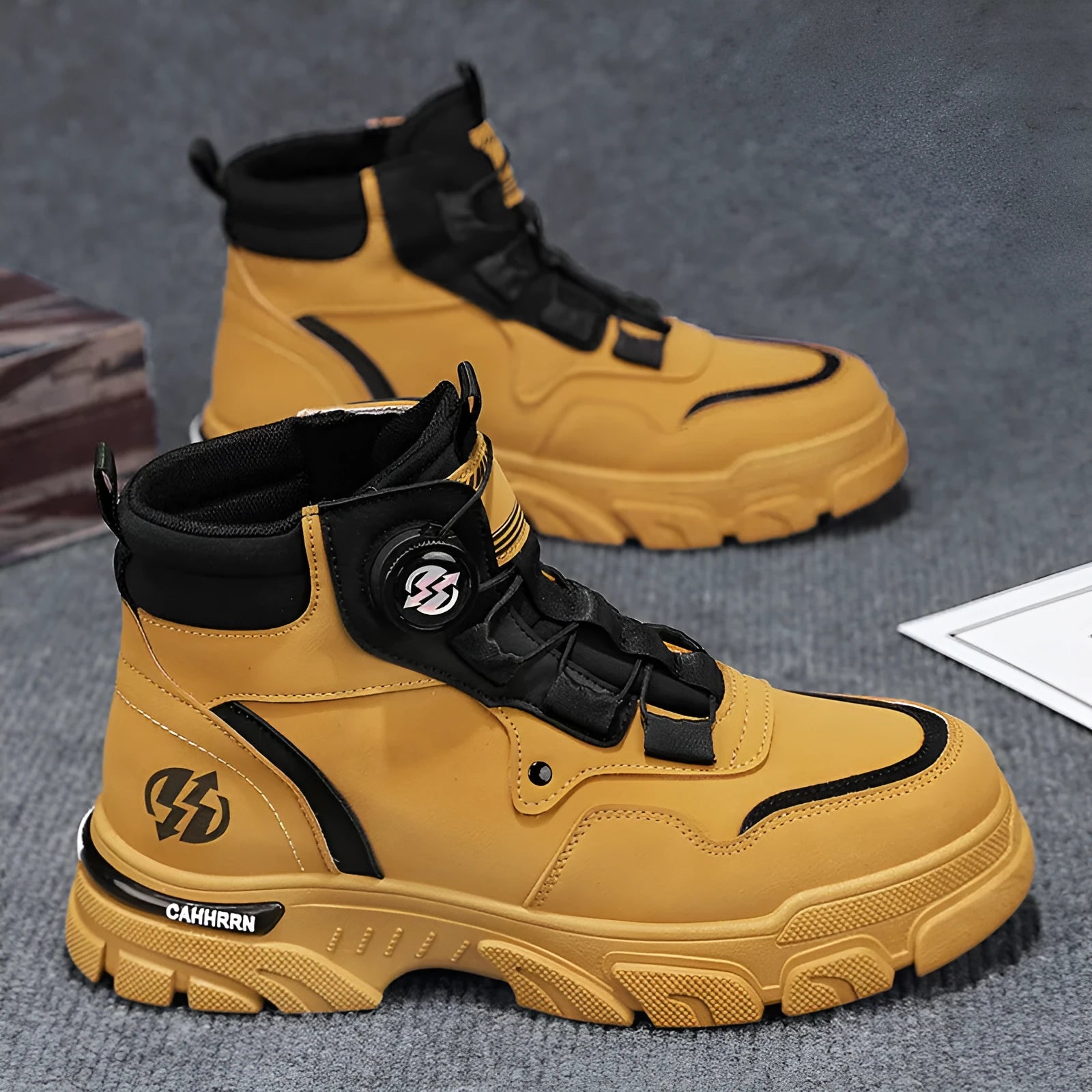 Men's non-slip thick bottom high-top casual shoes in black with artificial PU upper and low heel