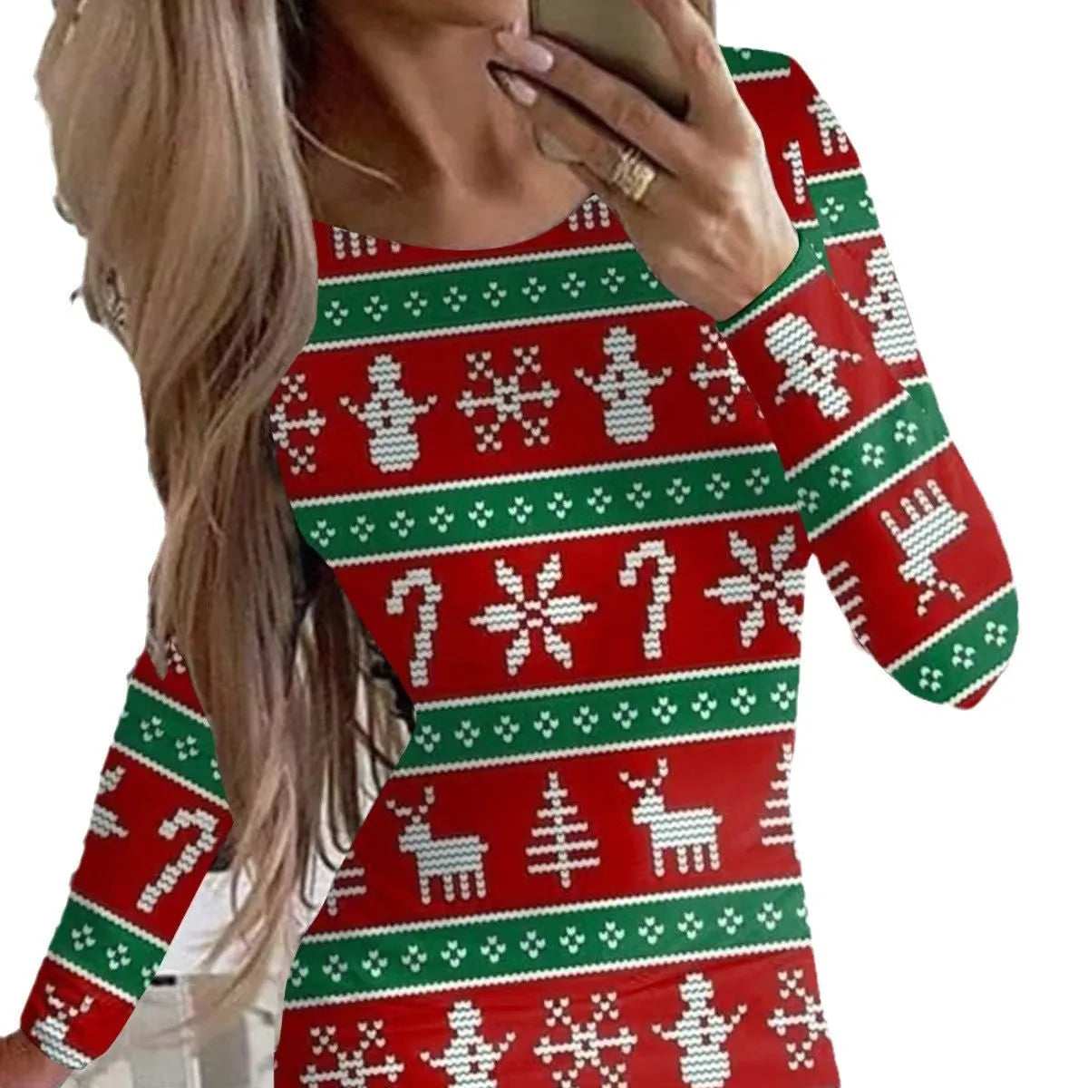 Christmas printed round neck long sleeve narrow dress with animal pattern and colourful flower design