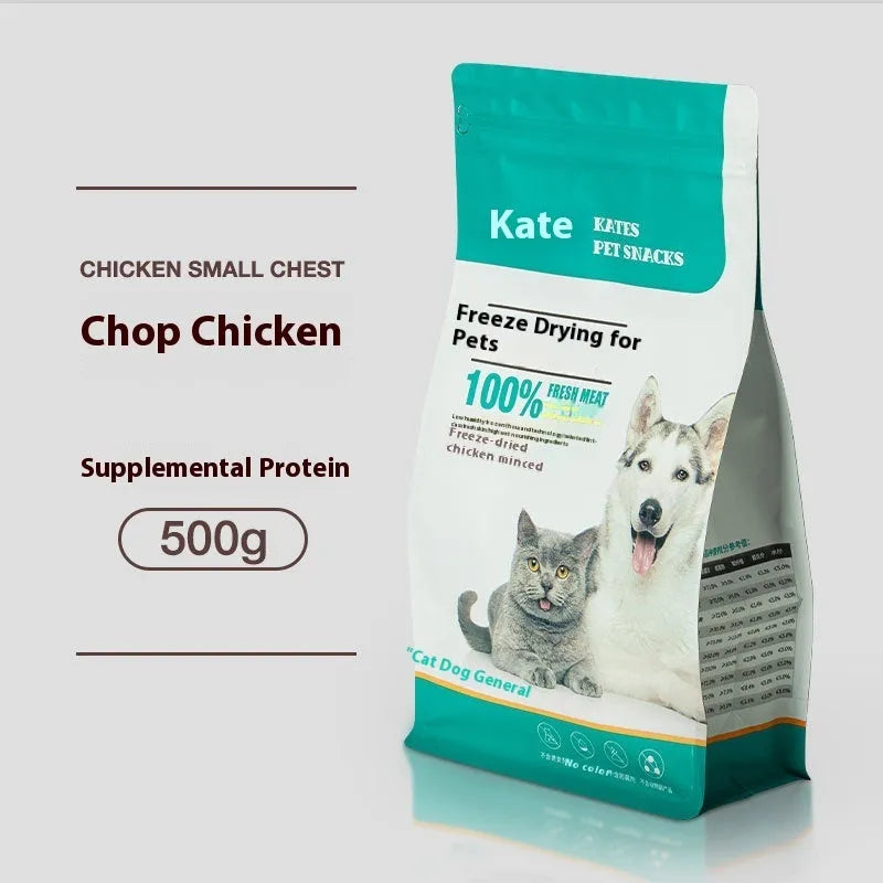 500g chicken freeze-dried cat treats in bag or can packaging showing high-grade chicken pieces