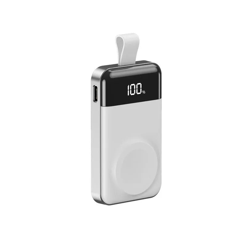 Mini portable digital display wireless magnetic power bank in silver, 75x43x16mm plastic shell
