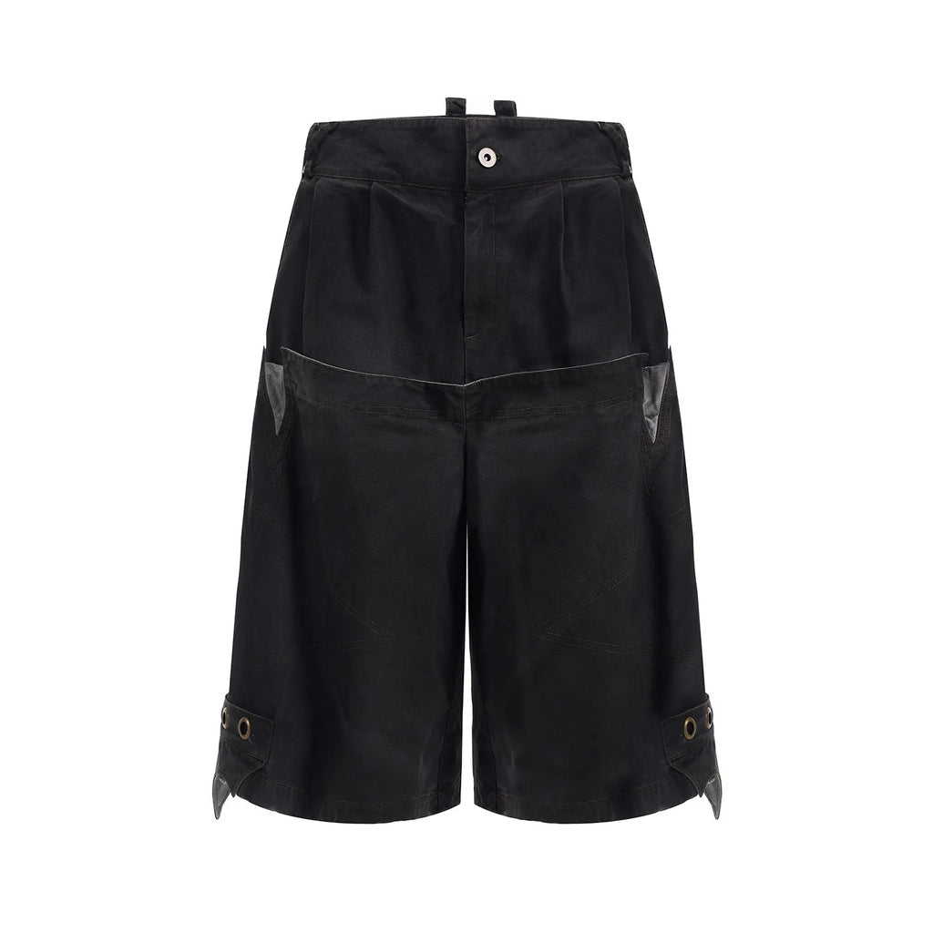 Men's black loose cropped trousers showing double waistband and washed stitching detail