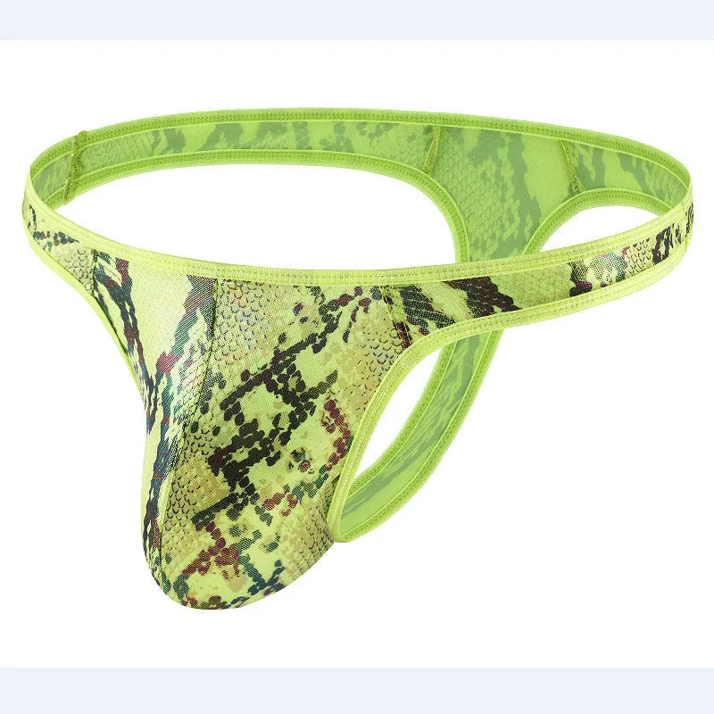 Men's green camouflage snake print thong underwear laid flat, showing low waist and T-back design.