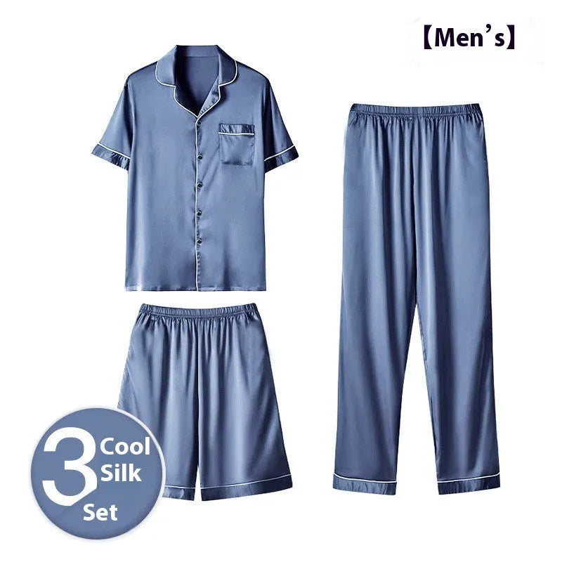 Men's ice silk three-piece home wear suit showing thin fabric, including trousers and shorts, in a selection of available colours.