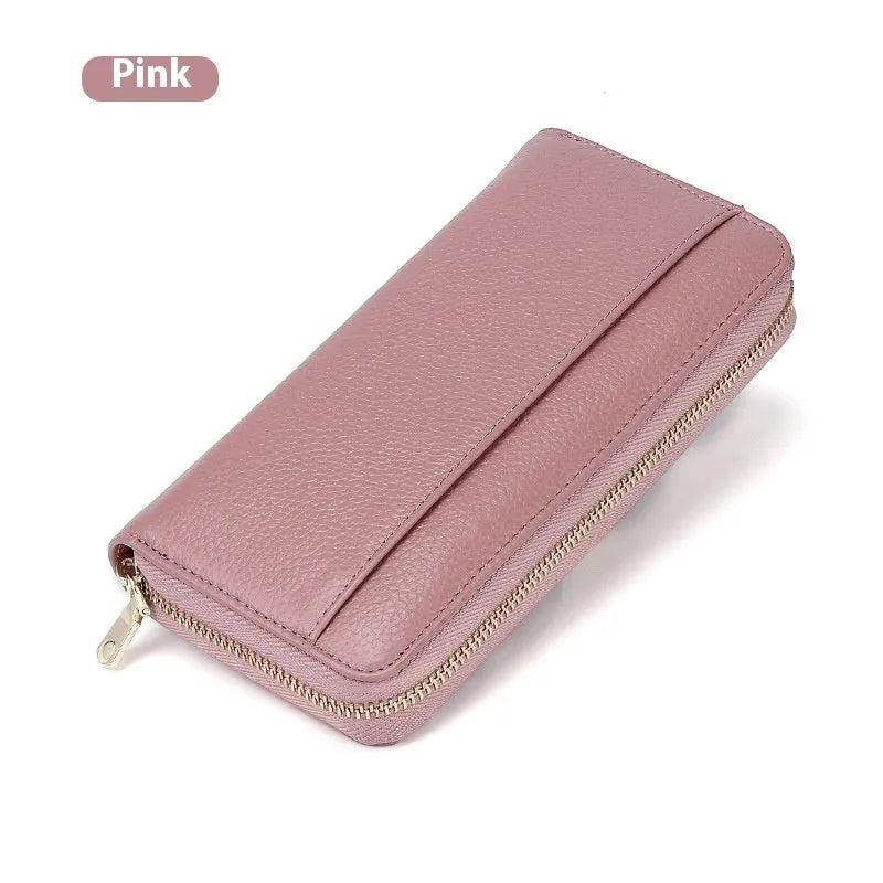 Long genuine leather women's wallet in a choice of six colours, showing large capacity and anti-theft card feature.