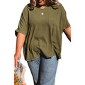 Women's solid colour polyester short sleeve t-shirt in green, loose fit, plus size available up to 4XL