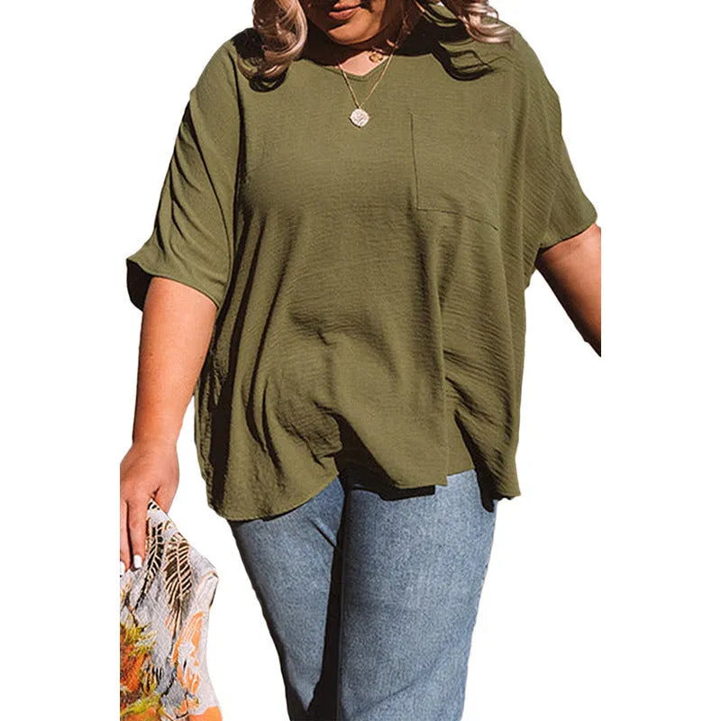 Women's solid colour polyester short sleeve t-shirt in green, loose fit, plus size available up to 4XL