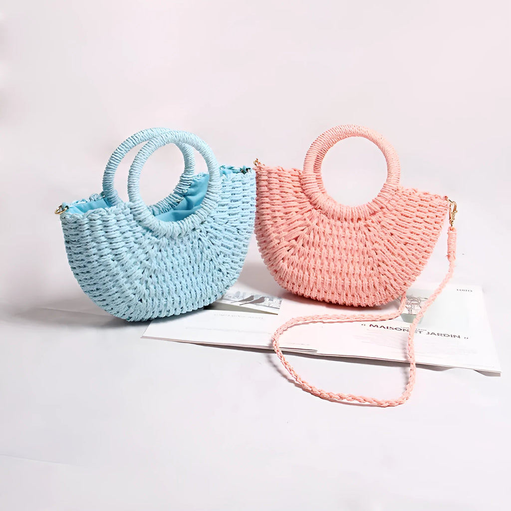 Seaside Vacation Beach Mini Straw Bag in dumpling shape with woven texture and open pocket, available in multiple colours