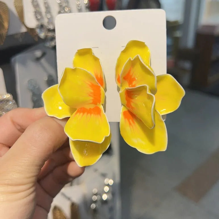 Pastoral style alloy flower stud earrings with oil-spot glaze finish in floral designs