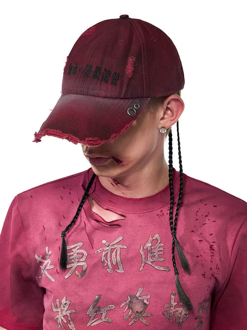 Rose red cotton peaked cap with adjustable strap and spray dirty old vintage design.