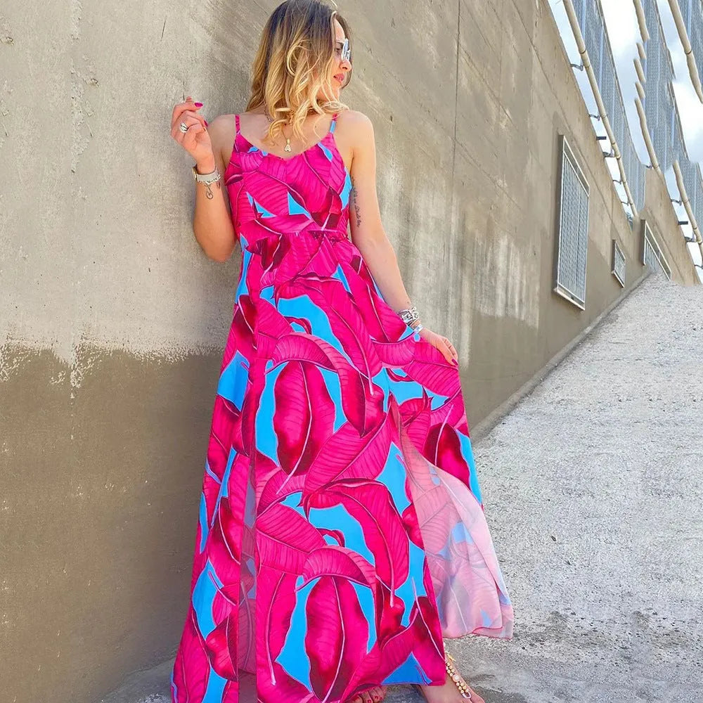 Red fashion printed backless spaghetti strap sleeveless dress high waist long skirt