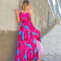 Red fashion printed backless spaghetti strap sleeveless dress high waist long skirt