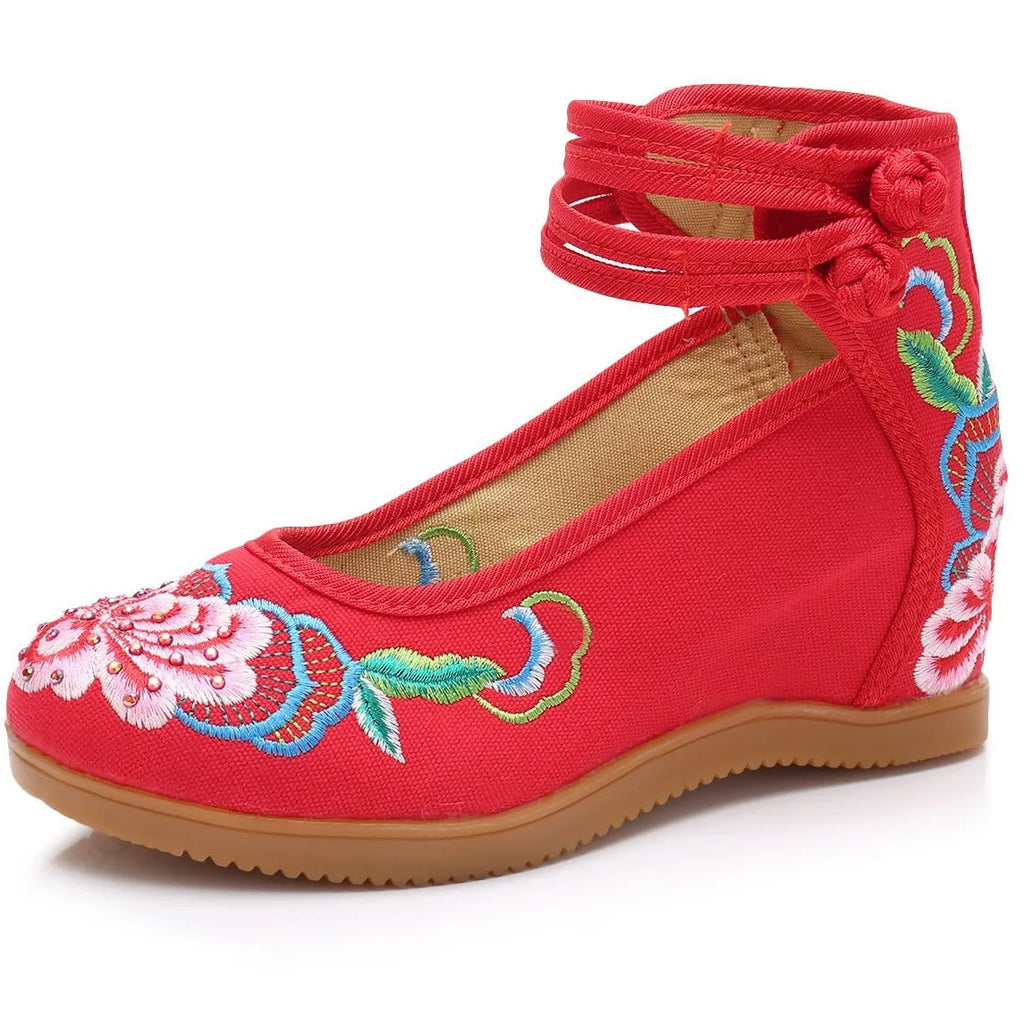 Women's rhinestone ethnic pattern double buckle canvas high heels flat heel round toe beige colour