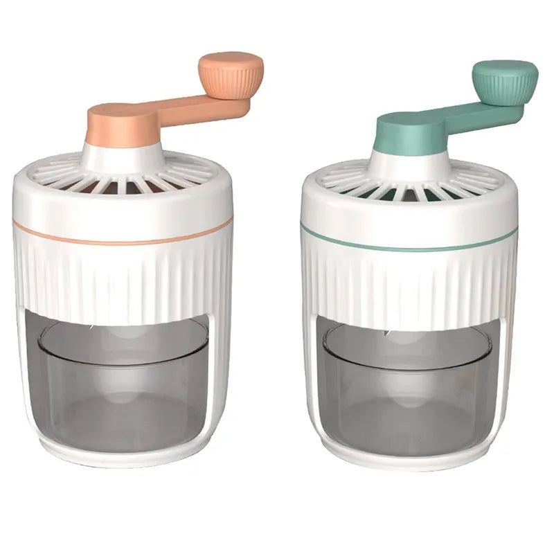 Hand-cranked ice shaving machine in green and orange, compact portable snow cone maker with ergonomic handle and removable ice box.