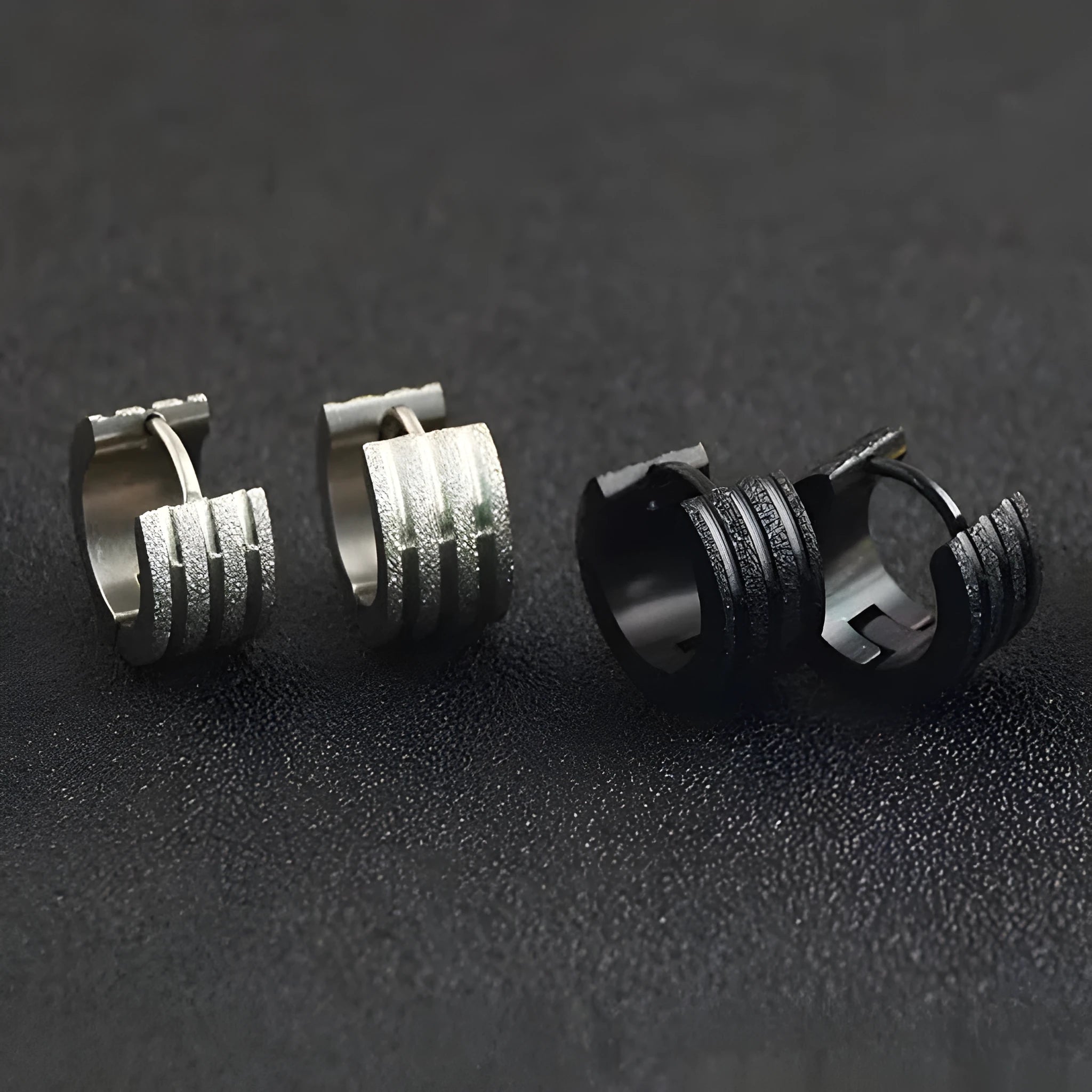 Korean style geometric titanium steel earrings with three-line frosted design in black, gold or steel colour options