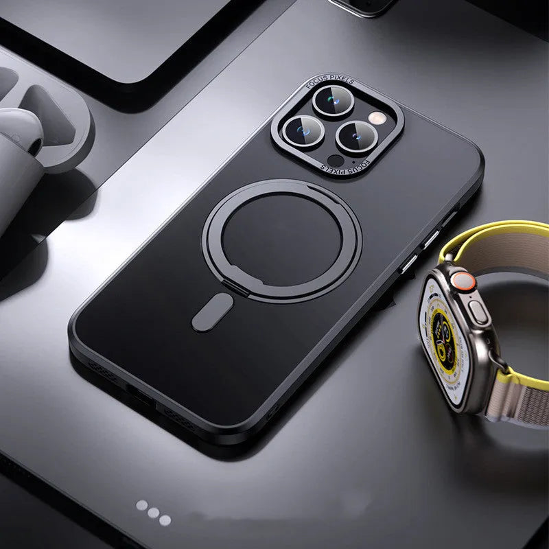 Transparent magnetic shockproof phone case for iPhone on a metallic surface.