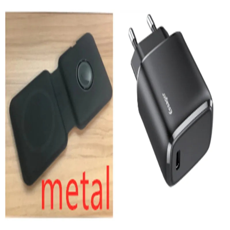 White foldable dual-pad magnetic wireless charging dock shown at an angle on a table.