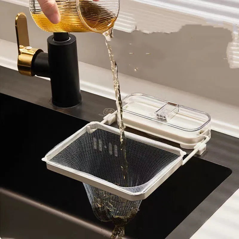 Dark green gold kitchen sink strainer with suction cups and fine mesh filter pocket