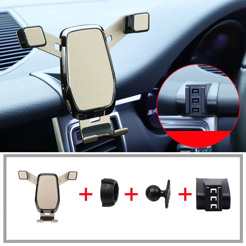 Gravity linkage car phone holder for Porsche in black alloy and carbon fibre, with phone mounted for navigation