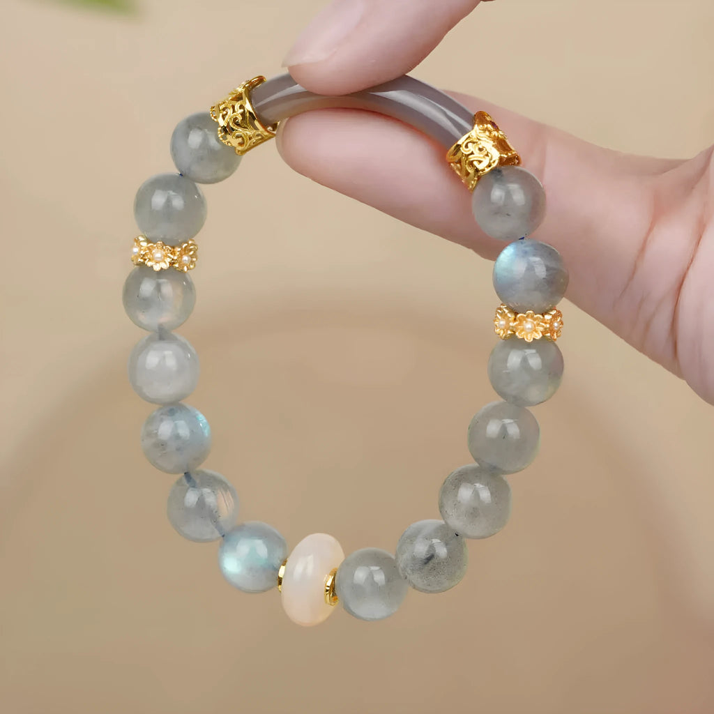 Grey moonstone women's bracelet with 8mm round beads, handmade half cuff design