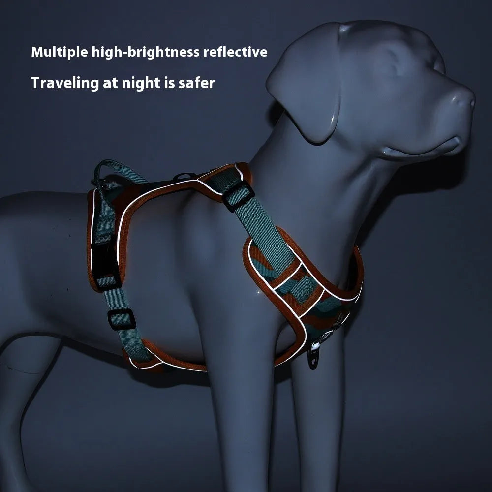 Orange reflective dog walking rope with chest and back harness design on Oxford cloth