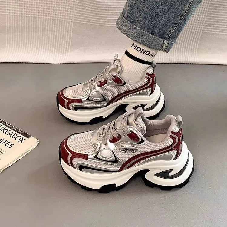 Women's silver platform sneakers with mesh lining and rubber sole