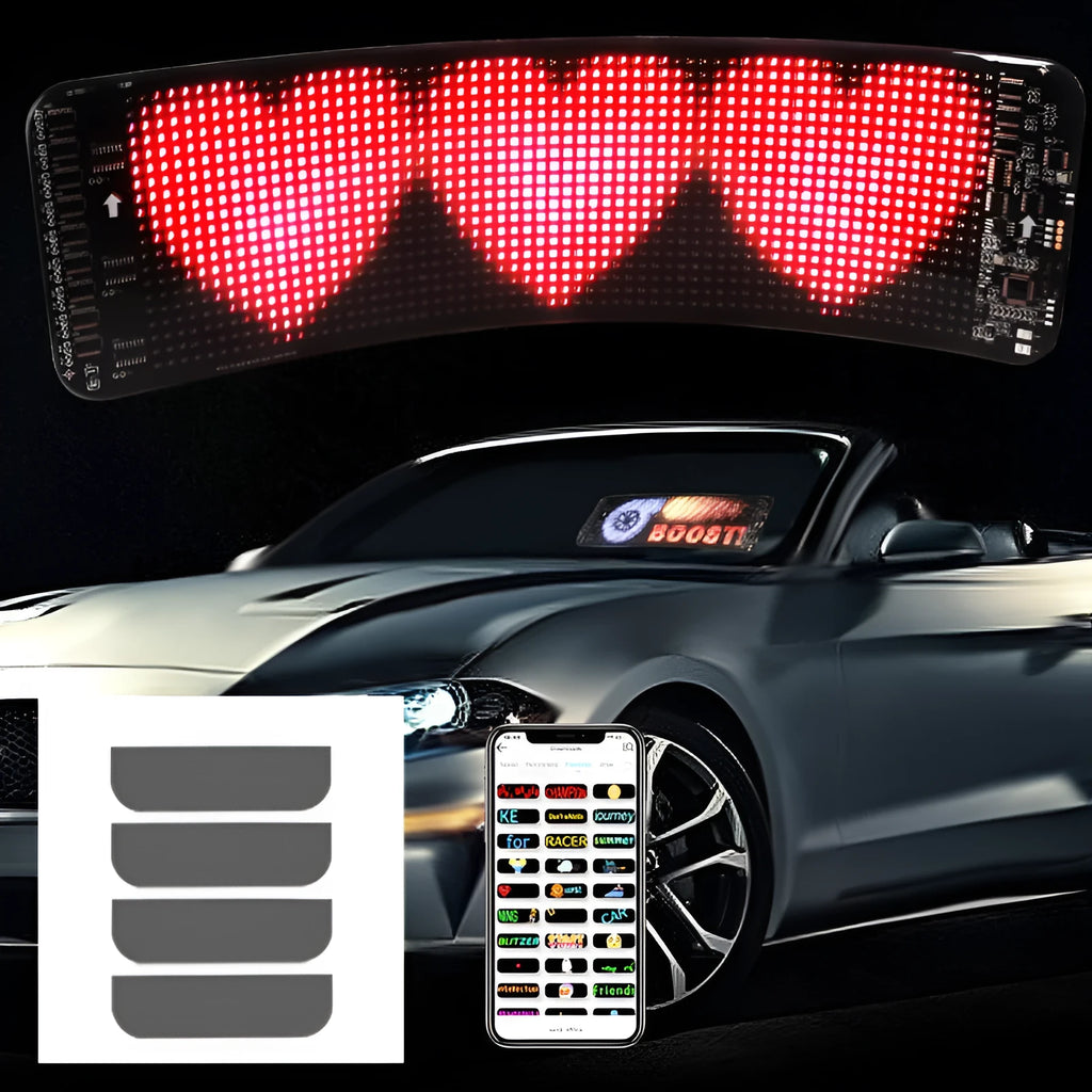 Flexible black LED screen for car rear windshield display with Bluetooth control.
