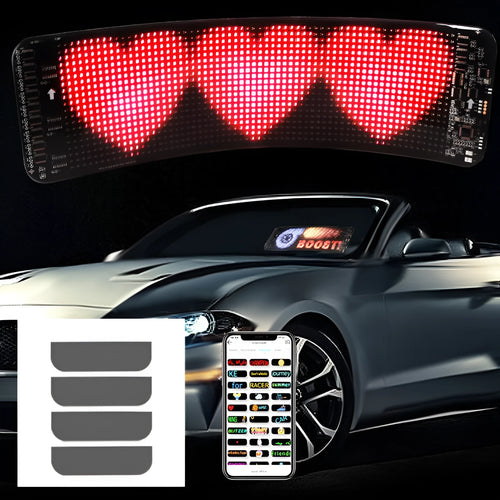 Flexible black LED screen for car rear windshield display with Bluetooth control.