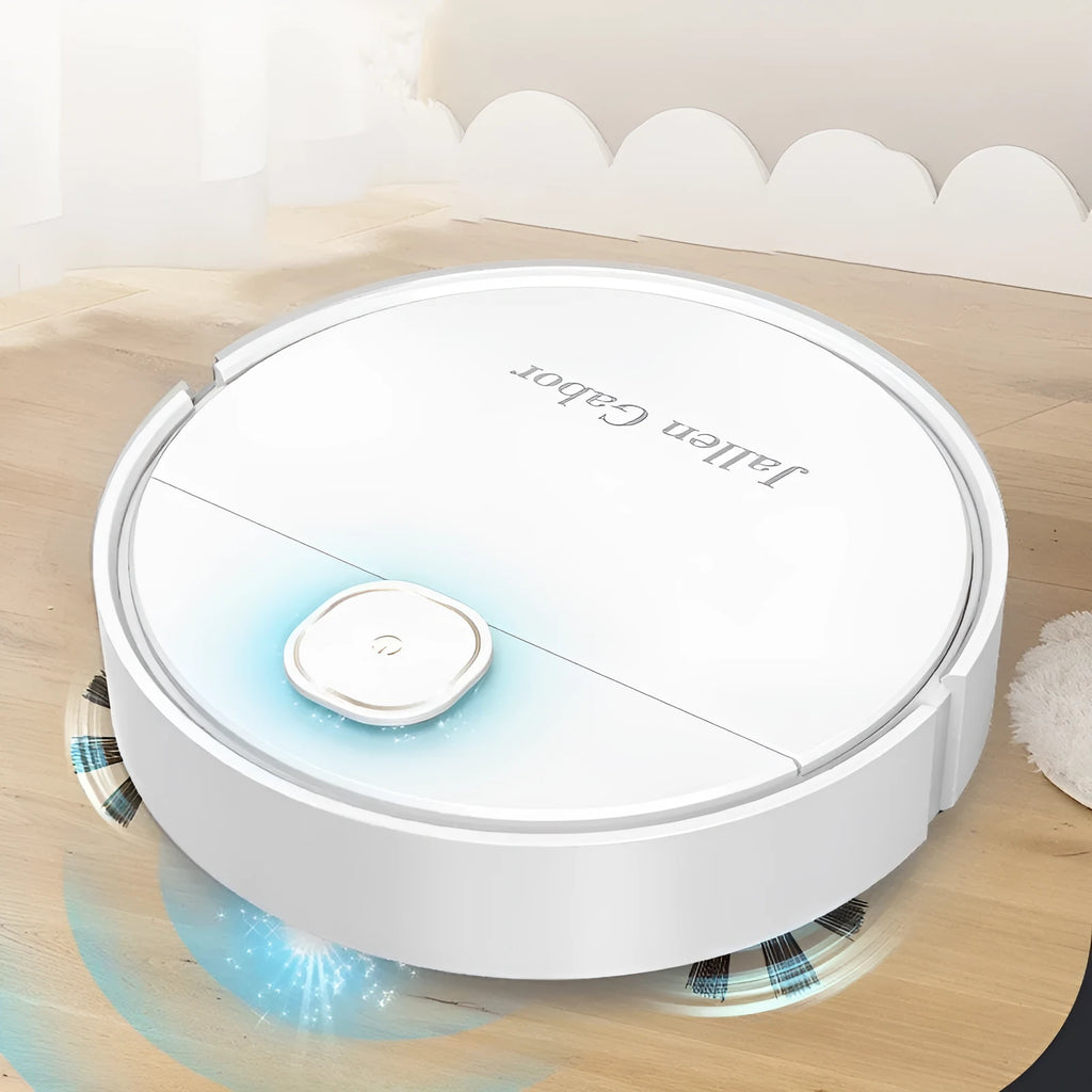 Intelligent automatic sweeping robot vacuum cleaner in white, 25x25x6.5cm, with USB charging port visible