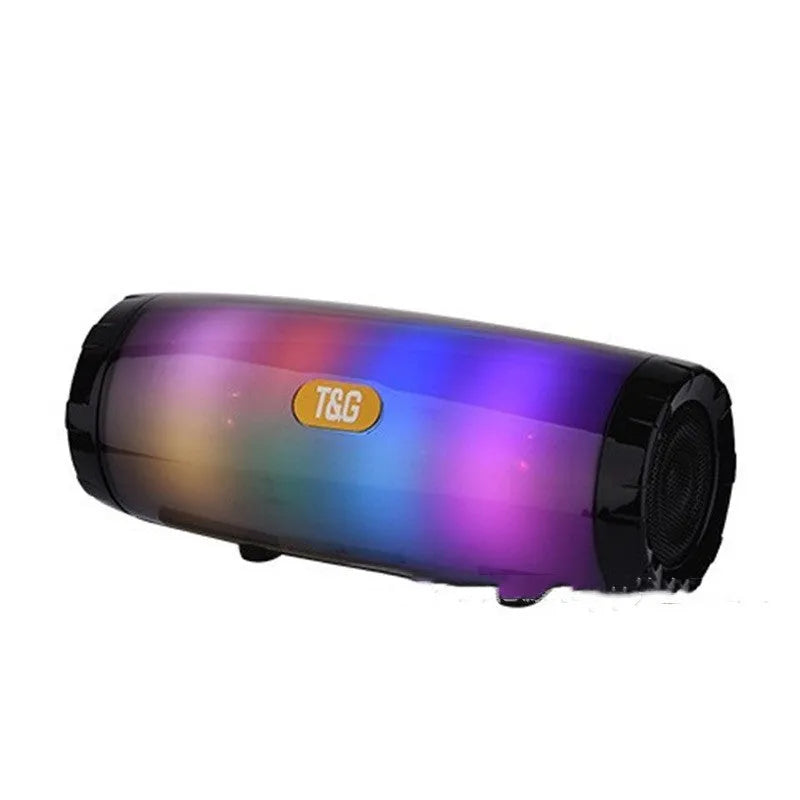 Portable Bluetooth speaker with coloured LED lights in a choice of five colours including black and blue.