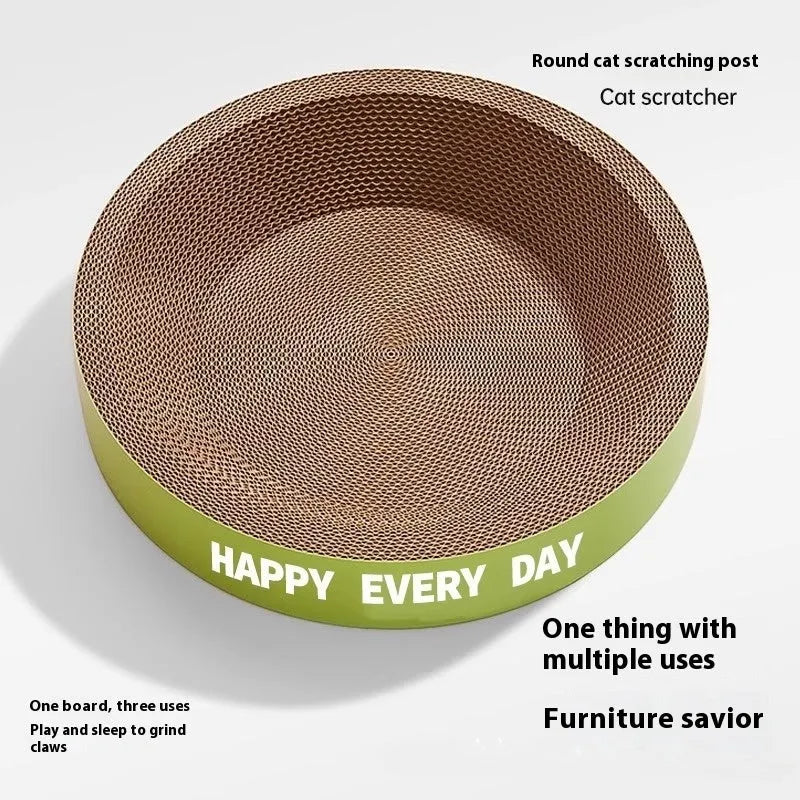 Green round cat scratching board nest with a soft cushion inside.
