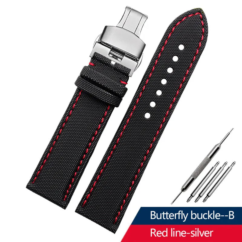 Tiansuo Haixing men's nylon canvas watch band in orange line black with needle buckle, 22mm width