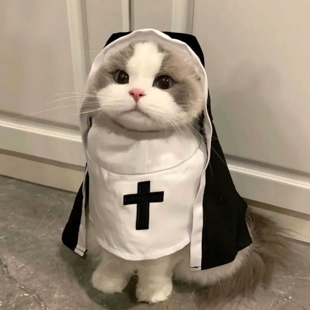 Black and white nun costume for small to medium dogs and cats with pullover design