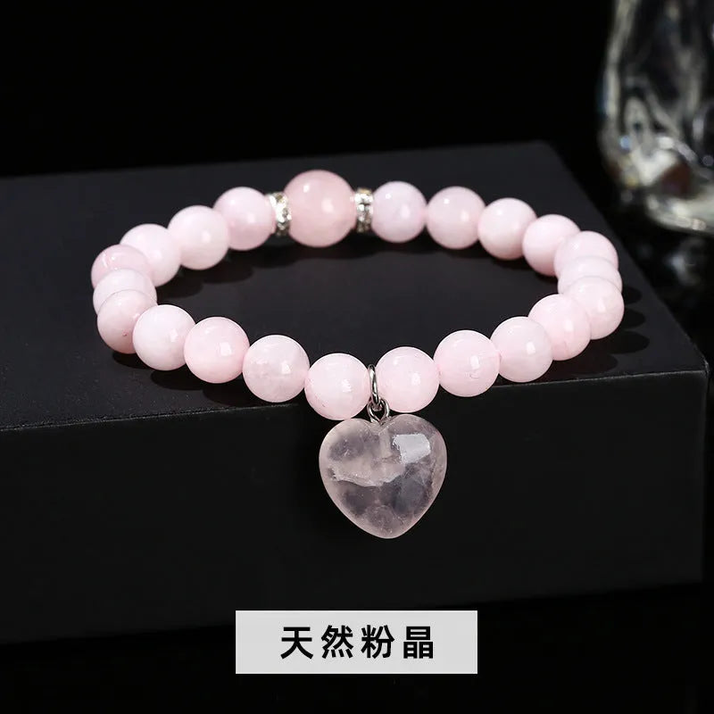 Handmade natural crystal bracelet with six stone types in geometric round beads, showing 8mm and 10mm purity size options
