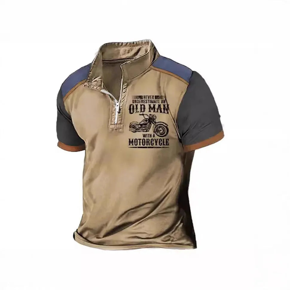 Men's casual lapel polo shirt with digital letter print and zipper decoration detail on sleeve.