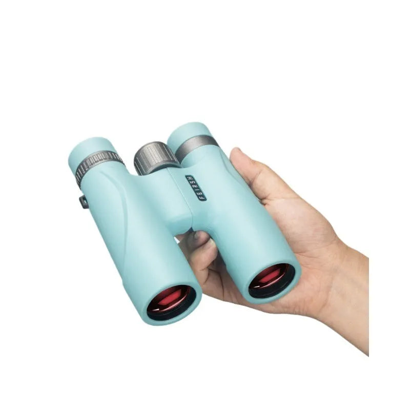 Compact 10x32 binoculars with wine red film imaging in blue or grey plastic housing