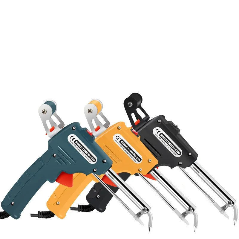 Handheld electric soldering gun with plastic handle, anti-static tweezers, and desoldering tool on a workbench