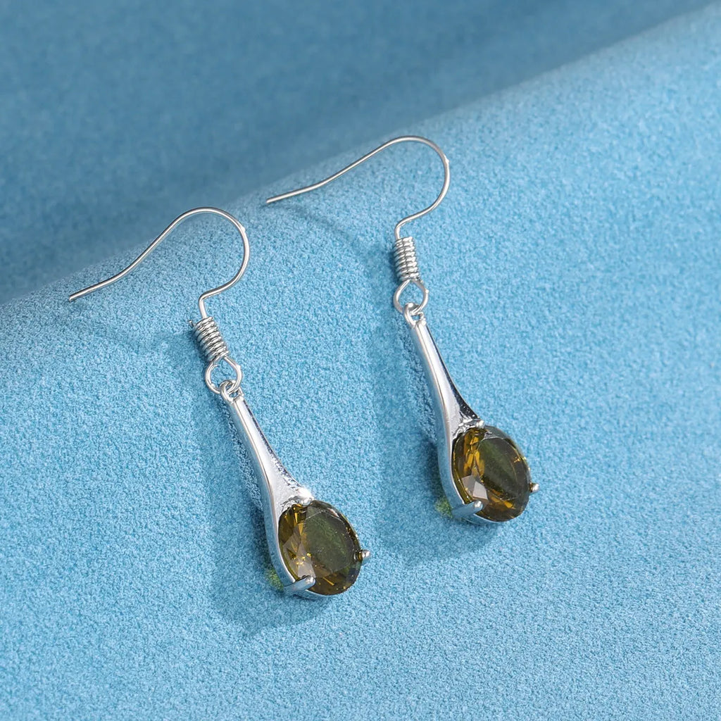 Olive green drop shape alloy earrings with electroplated finish and retro minimalist styling