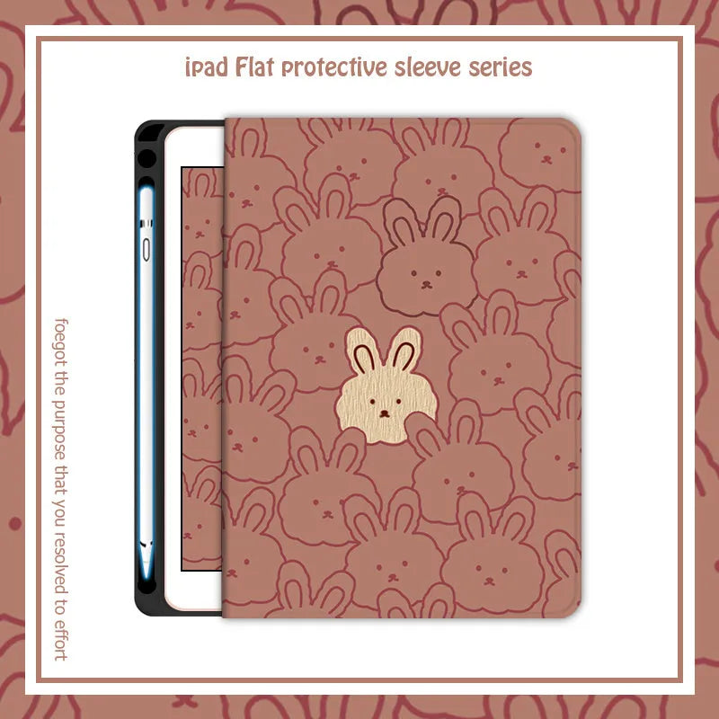 Cartoon cute rabbit silicone computer case for iPad in book full screen design with pen slot