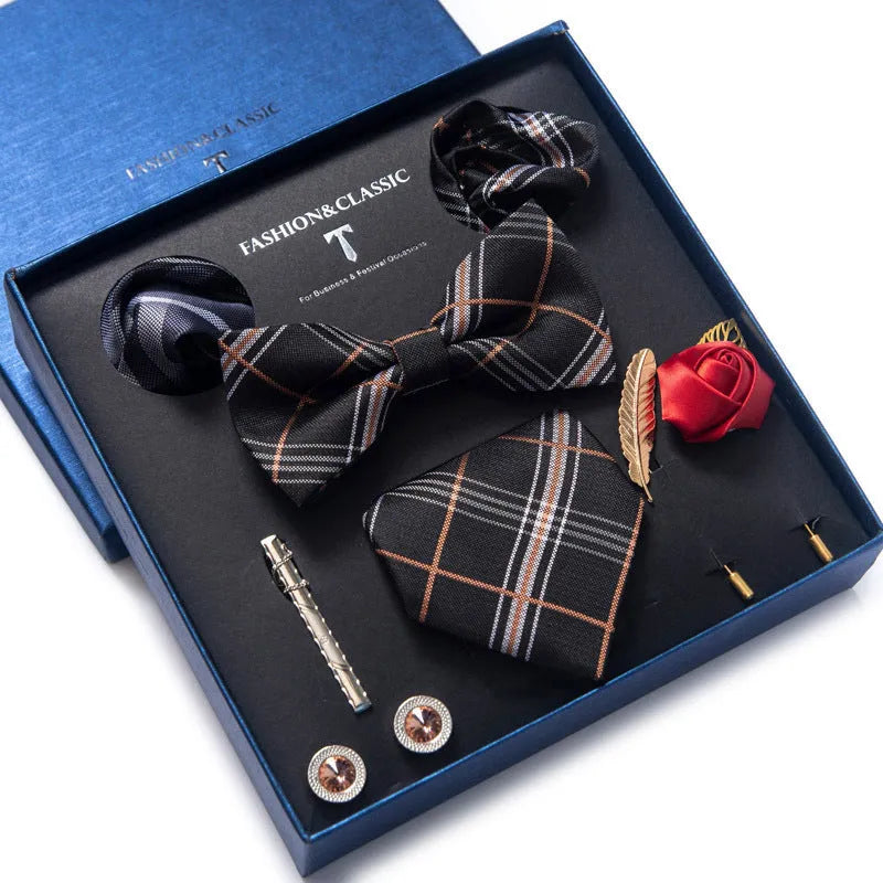 Men's 8-piece rayon jacquard bow tie set, heart shape arrow style, monochrome pattern, 146cm length